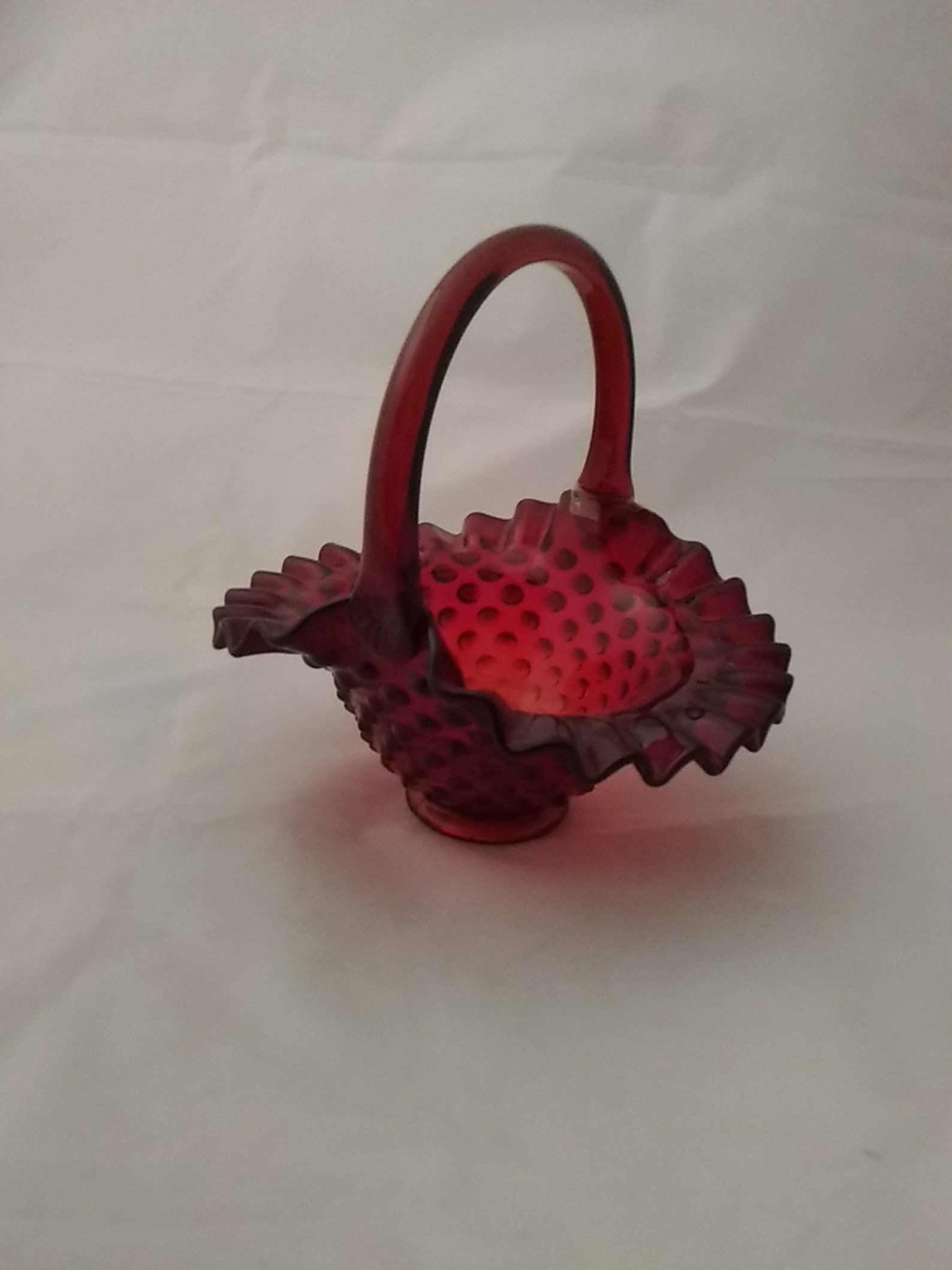 A red glass Fenton hobnail basket with handle. Misc 489 Etsy