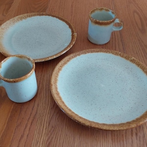 Graystone with brown drip glazed McCoy Pottery set of 2 place settings of dinner plates & mugs.  SW 421