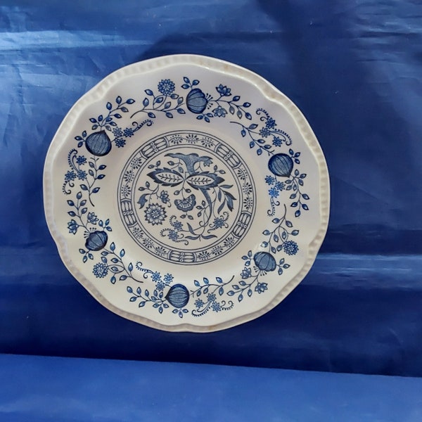 A blue backstamped Keningston ironstone 6 inch bread plate transferware in the Blue Onion pattern from Stafforshire England.  Dish 1746