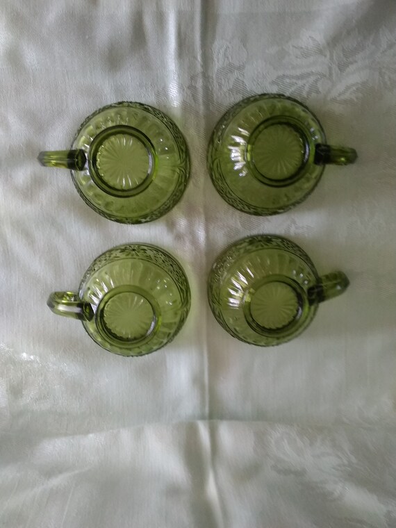 Set of 4 Daisy Avocado Green 5 Oz Handled Cup by Indiana Glass