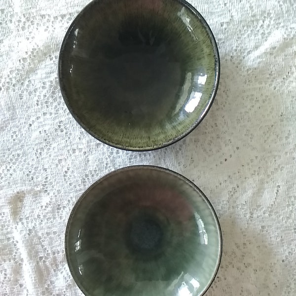 From France, a set of 2 Jars Ceramic Tourron Samoa crackled green and black 7.5" soup bowls.  Bowl 890