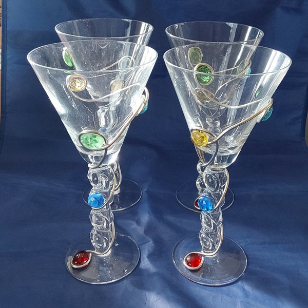 A set of 4 clear glass ball or bubble stemmed 16 oz wine goblets, 9.75" tall, that hand decorated with wire and colored babbles.  Bar 1116