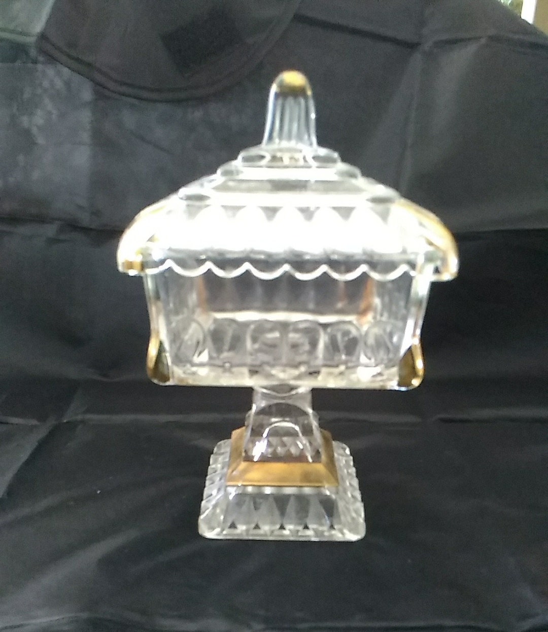A Square Glass Wedding Cake Box Compote With Gold Etsy
