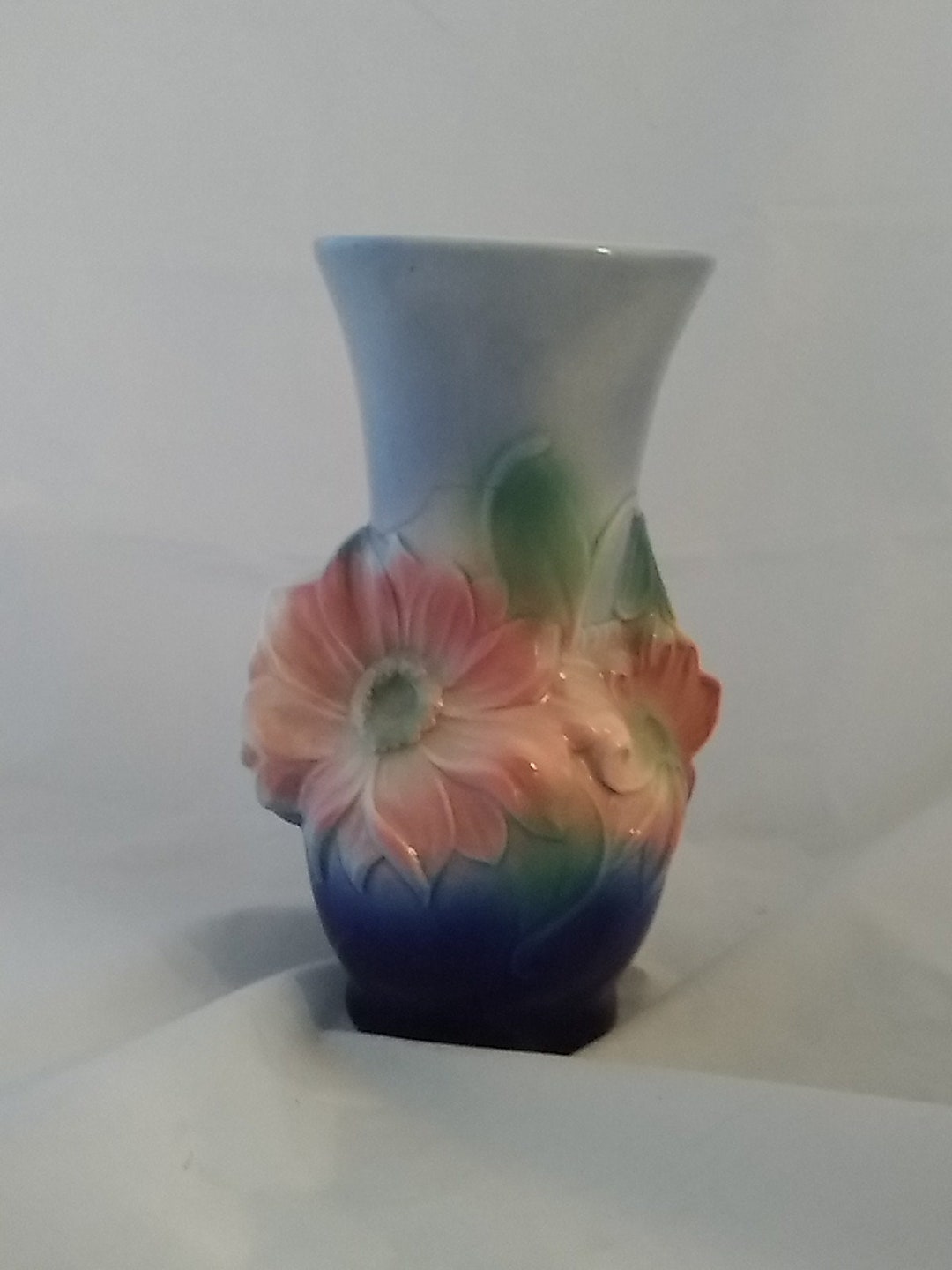 Royal Copley Blue Ceramic Vase in a Raised Dogwood Flower Pattern. Vase