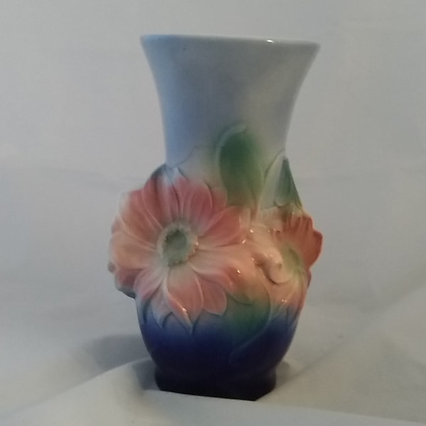 Royal Copley blue ceramic vase in a raised Dogwood flower pattern.  Vase 209