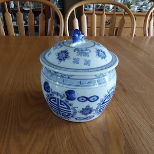 May include: A blue and white porcelain jar with a lid. The lid has a small lion finial. The jar is decorated with a traditional Chinese design.