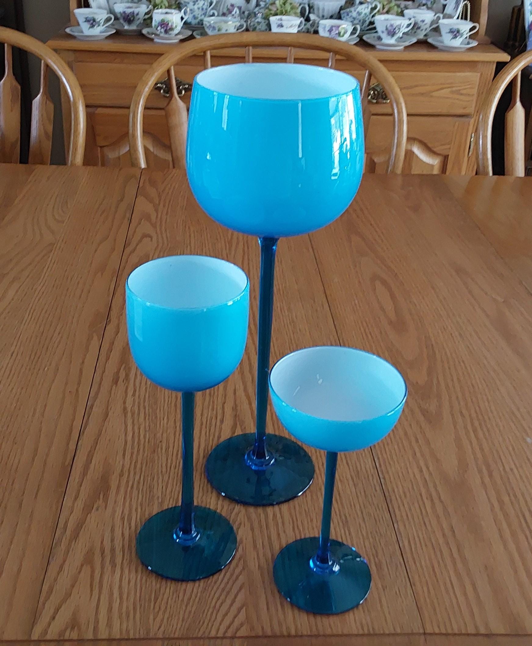 A Staggered Set of 3 Blue Carlo Moretti Goblets With White