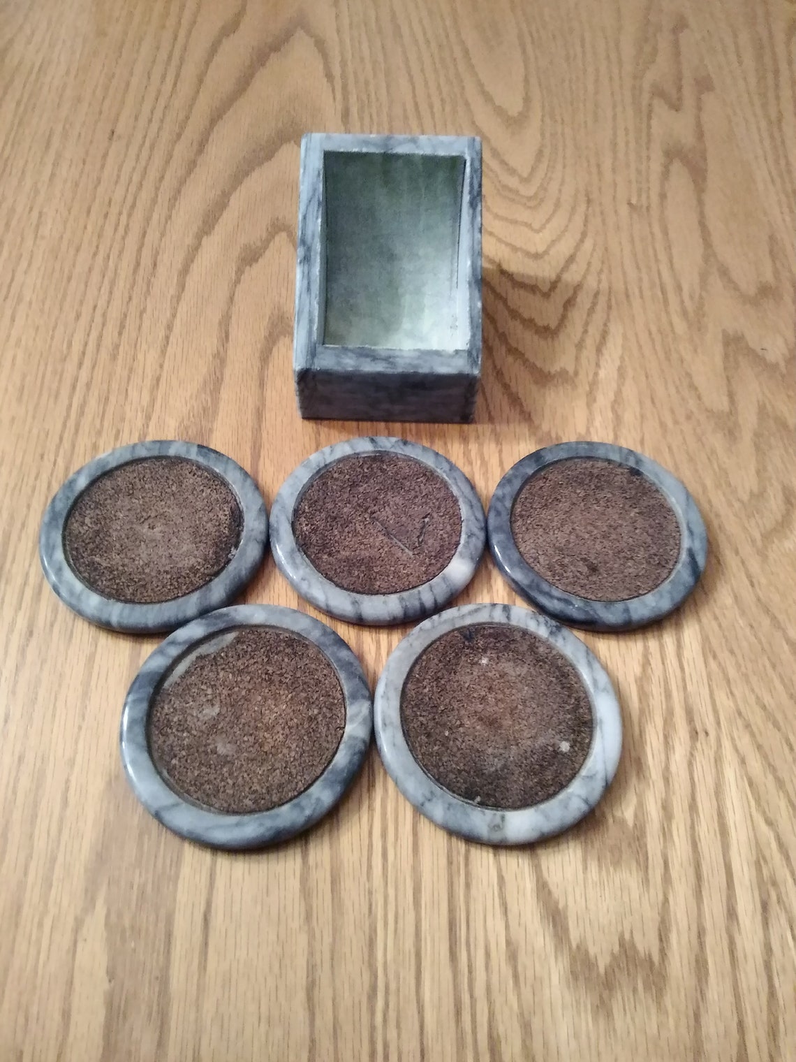 Grey marble coaster set the holder with 5 coasters with cork. Etsy