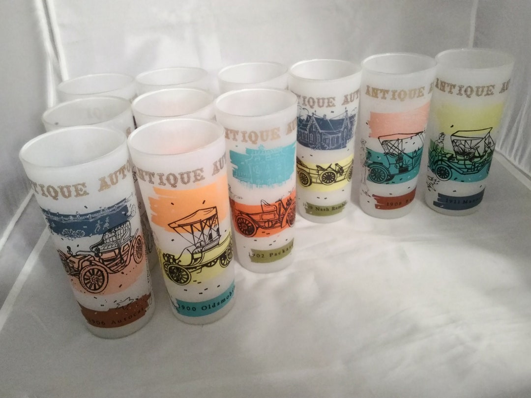 Set of 12 Frosted Tumblers of antique Autos by Anchor Hocking. Glass