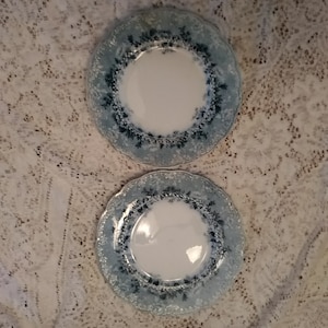 A 19th century Ridgway semi porcelain white with blue Dundee 8" Flow Blue 2 dessert plates, enamel beading with a scalloped rim.  DWS 540
