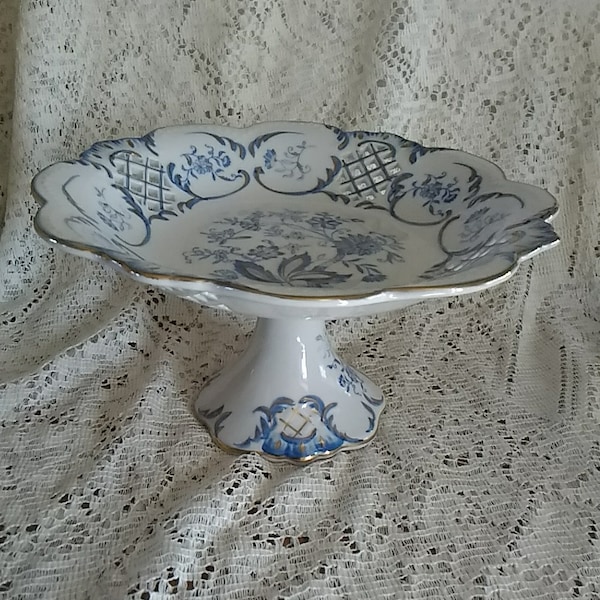 White Lefton China pedestal candy compote in blue and gold with reticulated pierced porcelain near the rim of the plate and base.  Bowl 1096