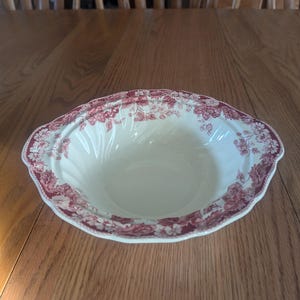 A Johnson Brothers &quot;Strawberry Fair&quot;, 10 3/8&quot; vegetable bowl without lid, made in England, is in a red transfer design from 1960s. Bowl 1435