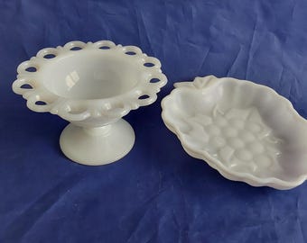 Two MCM white milk glass dishes.  A white milk glass, open lace, pedestal dish & a white milk glass textured dish of grapes.  Milk Glass 535