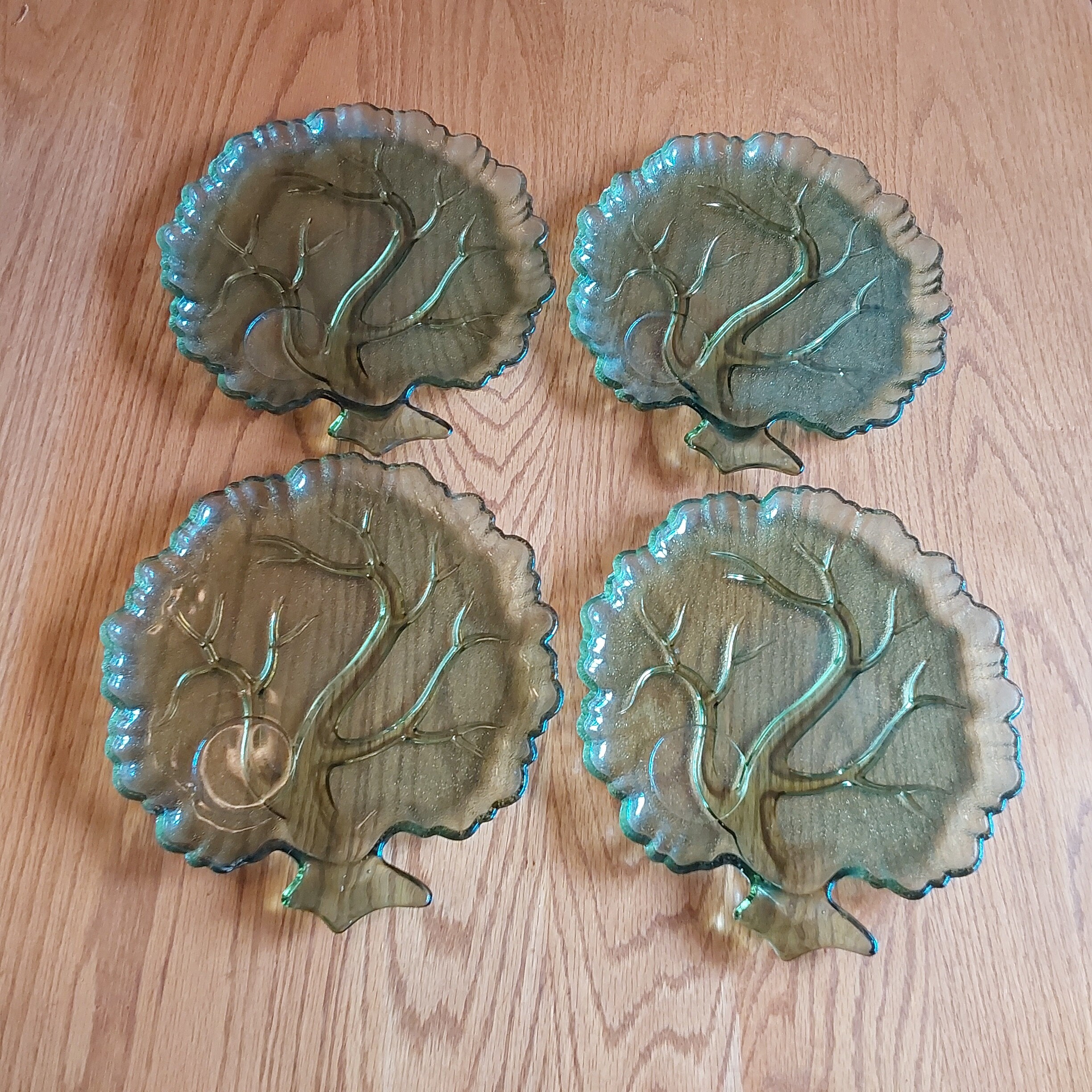 Set of 4 Transparent Green Glass Hazel Atlas Tree of Life Snack