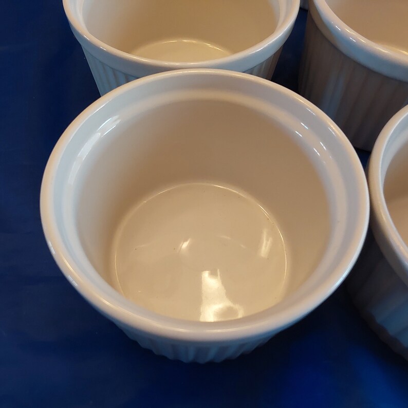 May include: A collection of white ceramic ramekins with a ribbed exterior. The ramekins are round with a smooth interior and are set against a blue background. These small dishes are ideal for baking individual portions.