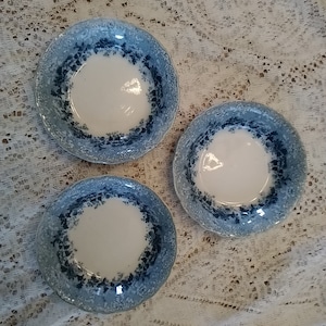 A 19th century Ridgway set of 3 semi porcelain Dundee 5.25" berry bowl Flow Blue flowers with enamel beading scalloped rim.  DWS 544