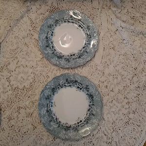 A Ridgway semi porcelain white with blue Dundee 9" Flow Blue 2 luncheon plates, enamel beading with a scalloped rim.  DWS 539
