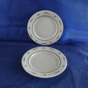 May include: Two white ceramic plates with a green and blue floral design. One plate is round, and the other is oval. The plates have a simple, elegant style, suitable for everyday use or special occasions.