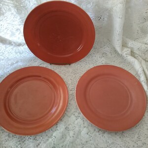 May include: Three terracotta colored ceramic plates. The plates are round and have a slightly raised rim. The plates are all the same size and are arranged in a row.