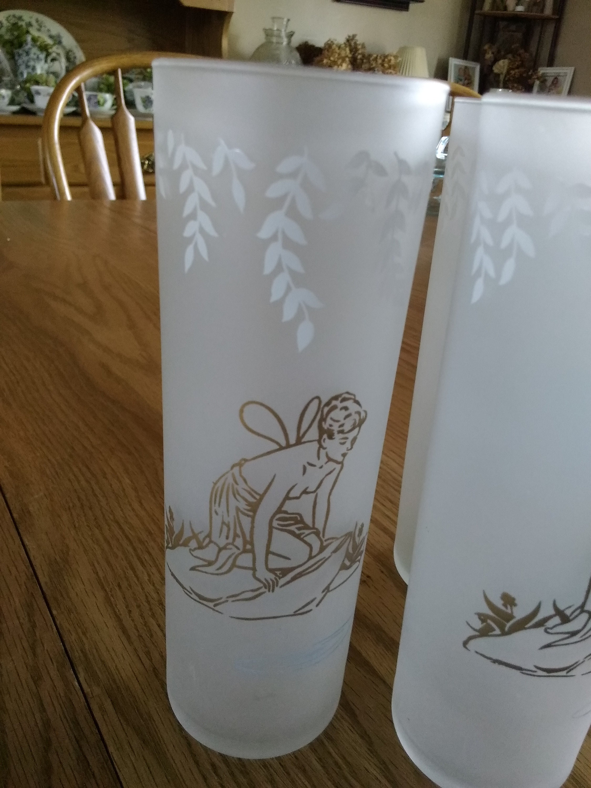 Set of 6 Federal Frosted Tom Collins Glasses Angel Fish Designs 7” Tall 15  fl oz