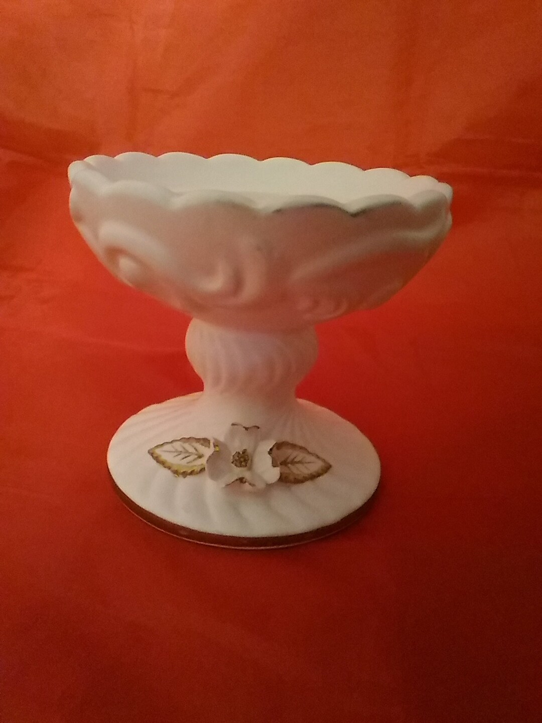 Trimont Ware White Bisque Pillar Swirled Candle Holder With a Flower