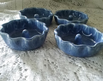 A set of 4 matching hand made blue stoneware scalloped blue apple bakers or for tarts.  Dish 1346