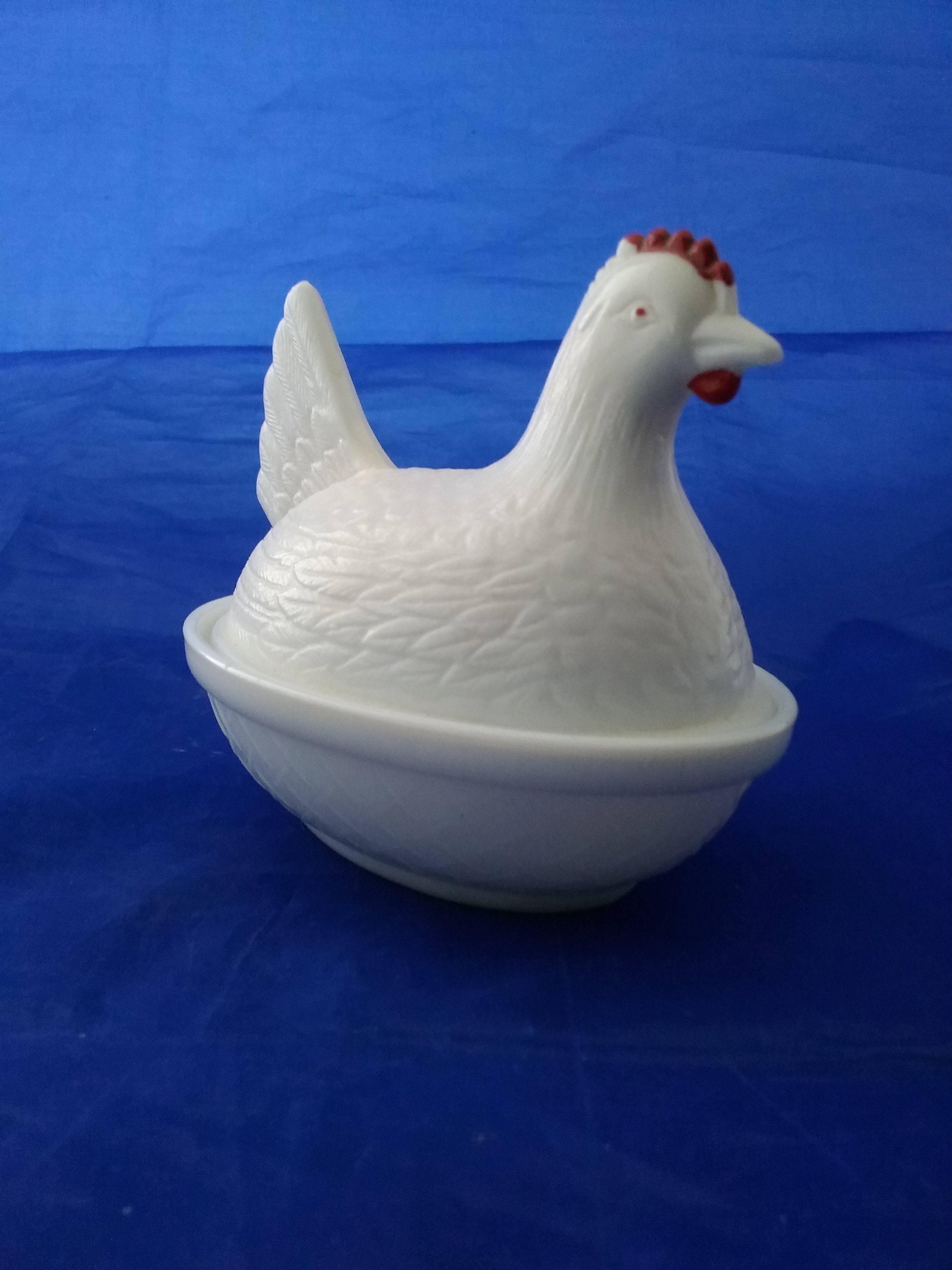 By Indiana Glass a 2 Pc Milk Glass Hen on Basket With Red Etsy