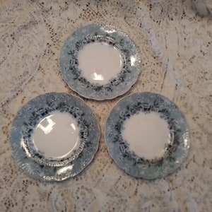 A 19th century Ridgway set of 3 semi porcelain Dundee 7" bread plate Flow Blue flowers with enamel beading scalloped rim.  DWS 543