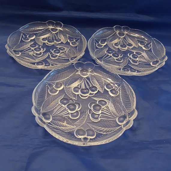 A Matching Set of 3 Mikasa Clear Glass Raised Cherry Design on 7.5