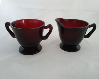 Royal Red glass Anchor Hocking creamer and sugar set.  DWS 43