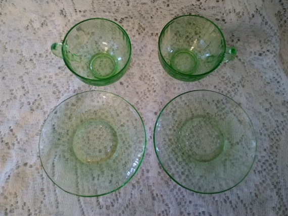 A Set of 2 Hazel Atlas Uranium Green Depression Glass Ribbed Cup