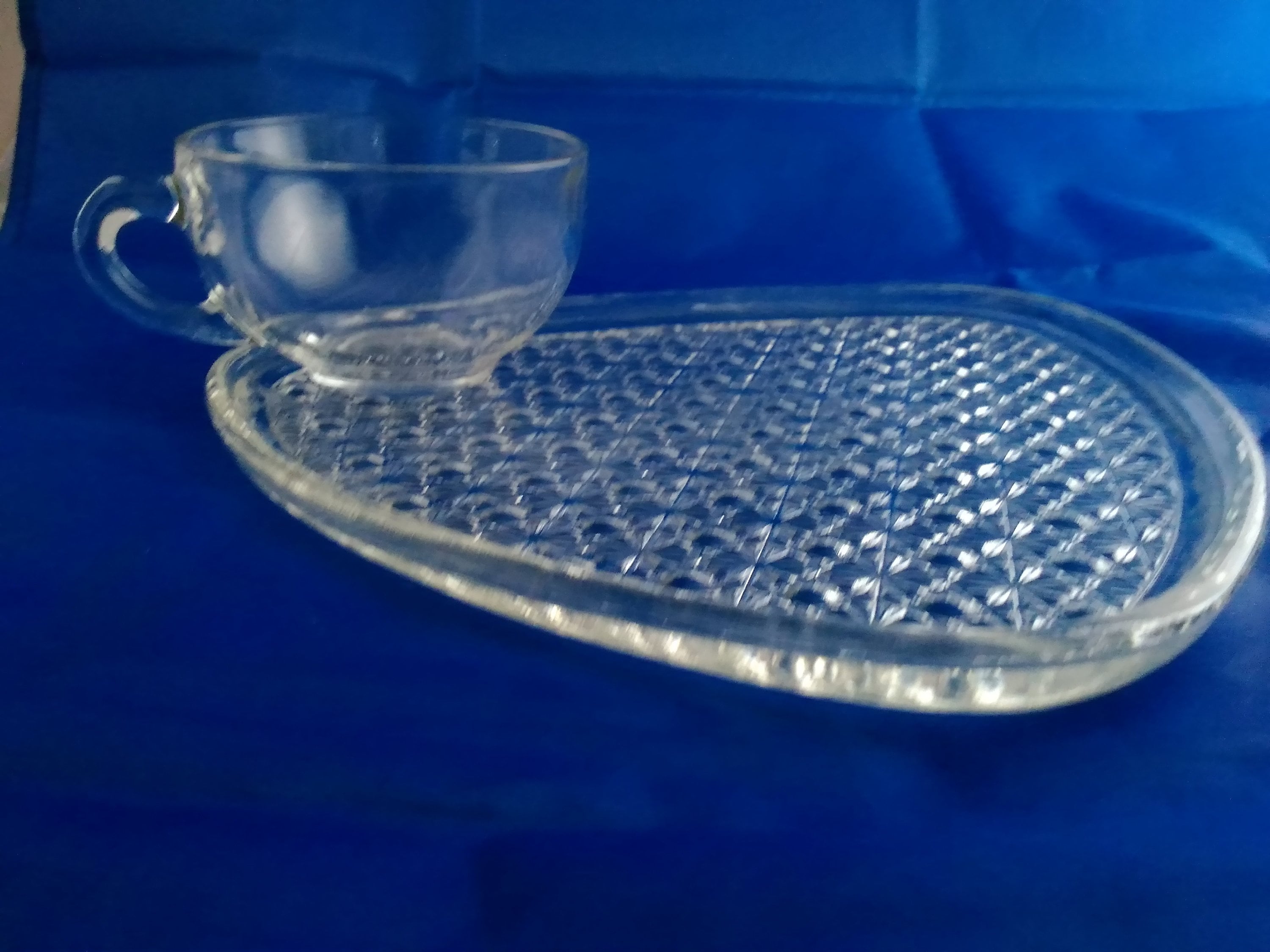 Clear Glass Snack Set for 4 in the Daisy and Button Pattern. Plate