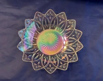 By Federal Glass, is a beautiful iridescent 8.5 inch Petals designed bowl, with 14 petals, from the 1960s.  Bowl 1546