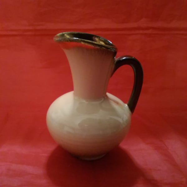 Carstens Tonnieshof art deco glazed pottery pitcher, in multi beige tones, a brown interior and handle, and gold at the rim.  Misc 899