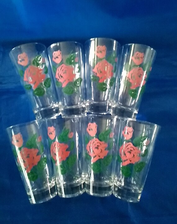 Set of 8-11 Oz Matching Clear Glass Flat Bottomed Tumblers With Long  Stemmed Pink Roses. Glass 411 - Etsy