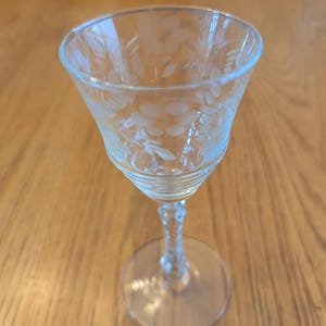May include: A clear glass shot glass with an etched floral design. The glass has a twisted stem and a round base.