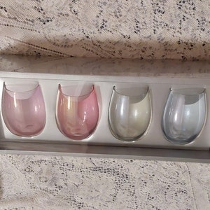NIB set of 4 colored stemless transparent 12 oz wine glasses in pink, purple, green, and blue by Target.  Bar 1072