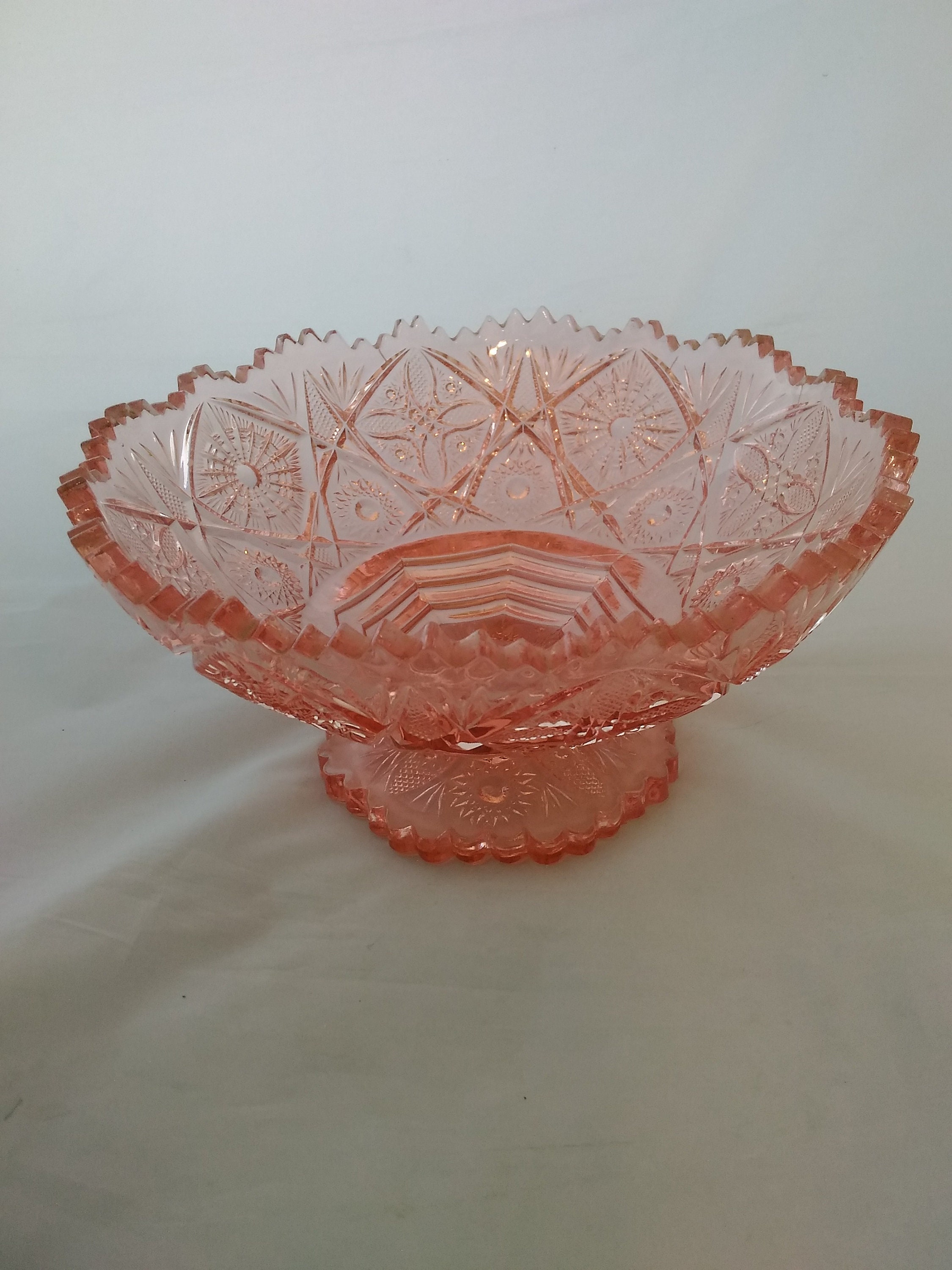 Large pink depression glass pedestal bowl with hobstar fan Etsy