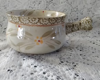 Temptations Presentable Ovenware by Tara, is the Old World brown pattern on a white ceramic handled 18 oz soup bowl.  SW 208