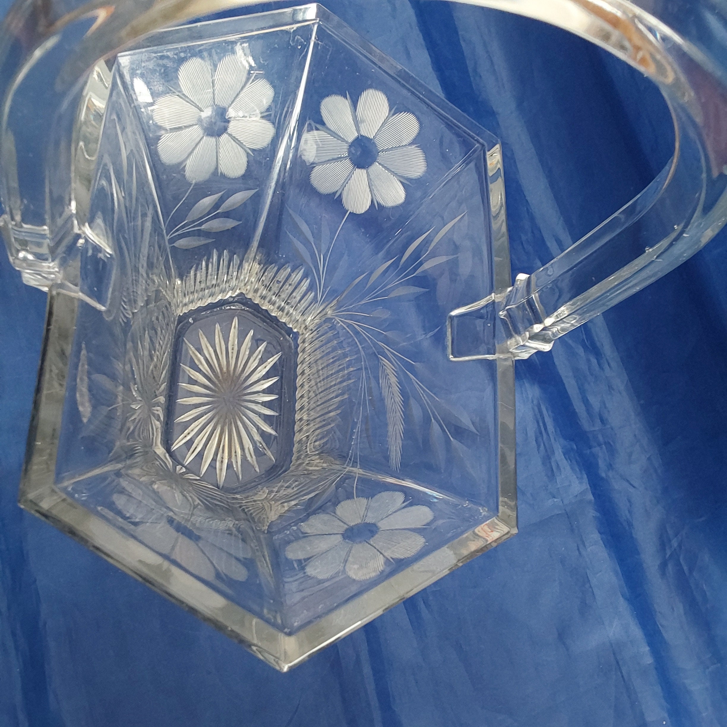 Heisey Glass Six Sided Basket of Etched Leaves and Flowers Heisey Glass Six Sided Basket of Etched Leaves and Flowers