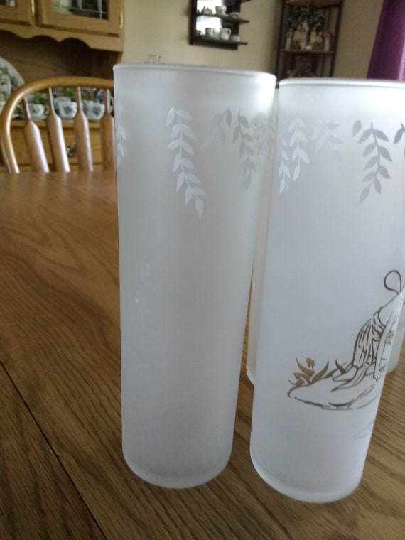 Set of 4 Federal Frosted Tom Collins Glasses Fish Designs 6-3/4 Tall - 15  fl oz