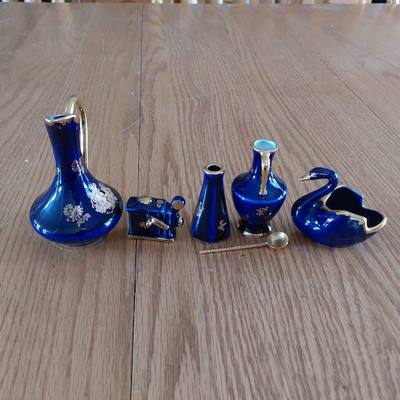 Lot of 5 Limoges France Miniature White Porcelain in Cobalt Blue