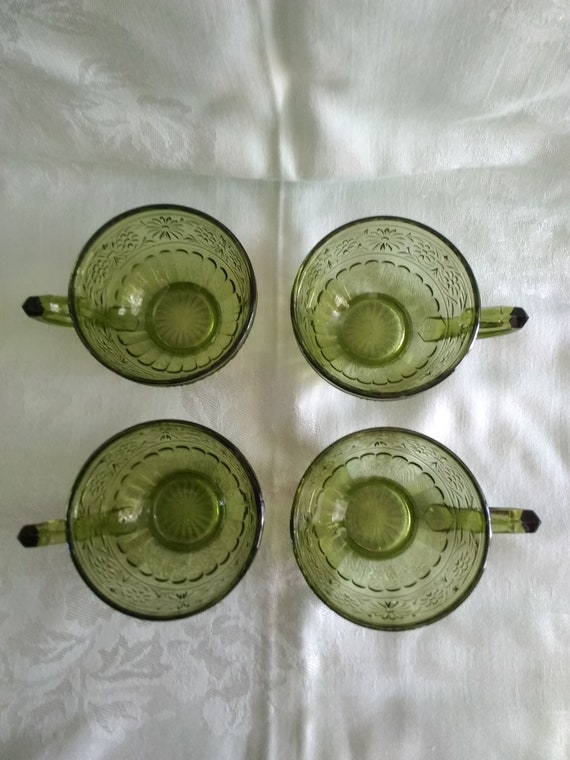 Set of 4 Daisy Avocado Green 5 Oz Handled Cup by Indiana Glass