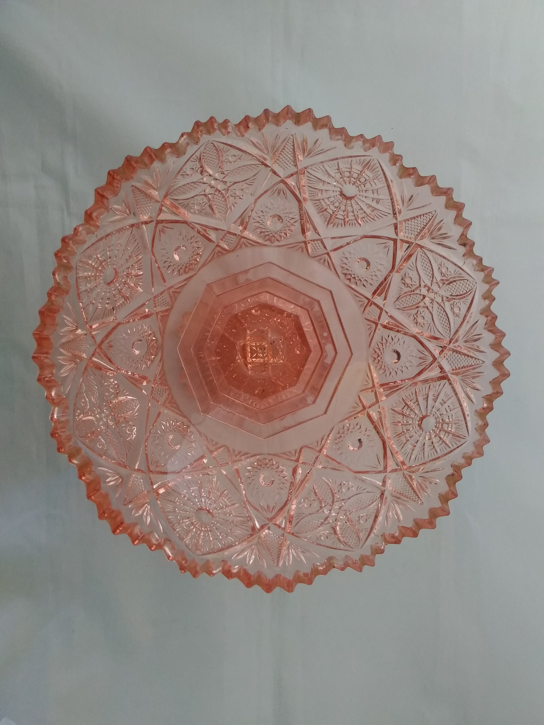 Large pink depression glass pedestal bowl with hobstar fan Etsy