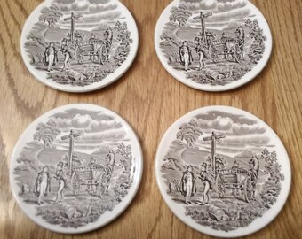 Coasters...A rare find.  A Dickens Series brown transferware set of 4 coasters, made in England.  DWS 238