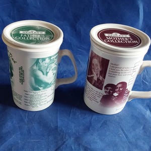 May include: Two white ceramic mugs with lids, each featuring printed text and photographic imagery. The left mug is labeled Hedley's Father's Collection with green accents, while the right mug is labeled Hedley's Mother's Collection with maroon accents.