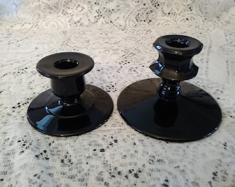 Selling as a set of 2 mismatched black Cameo Indiana Glass taper candlestick holders  Candle 431