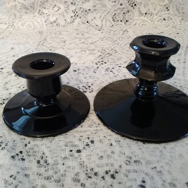 Selling as a set of 2 mismatched black Cameo Indiana Glass taper candlestick holders  Candle 431