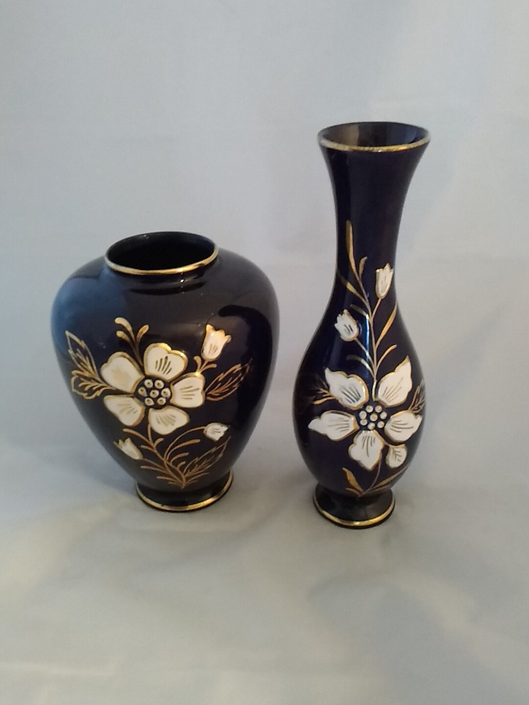 Set of Black Ceramic Vases With Heavy White Enamel and Gold Flowers. Vase 202 Etsy