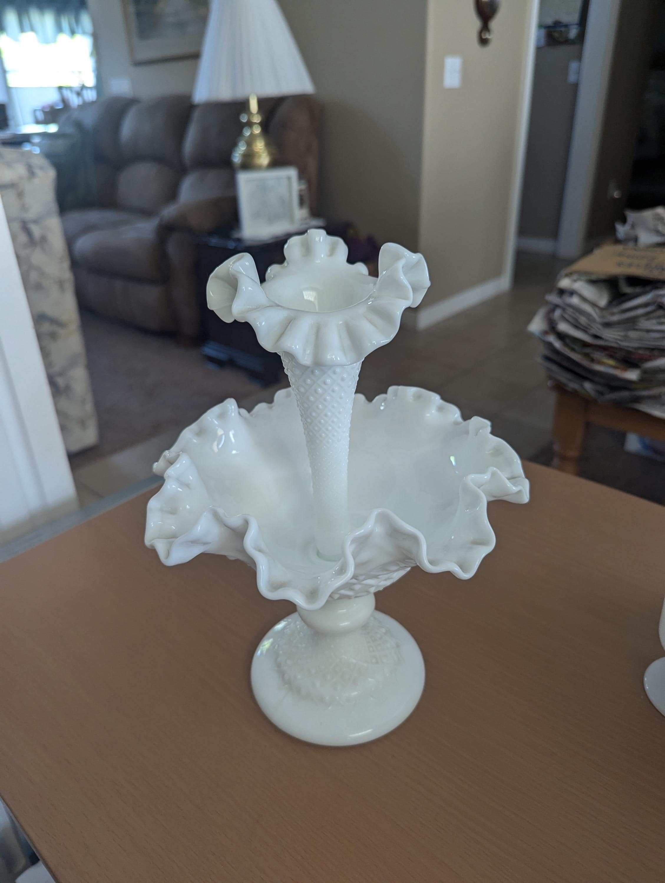 A Milk Glass One Horn Epergne, Fenton, Diamond Lace Vase Combined